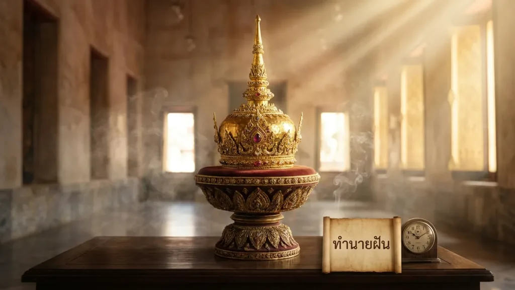 ภาพสัญลักษณ์มงกุฎทองคำและเครื่องราชอิสราภรณ์บนพานพุ่ม สื่อถึงความฝันเห็นพระเจ้าแผ่นดินและเกียรติยศ