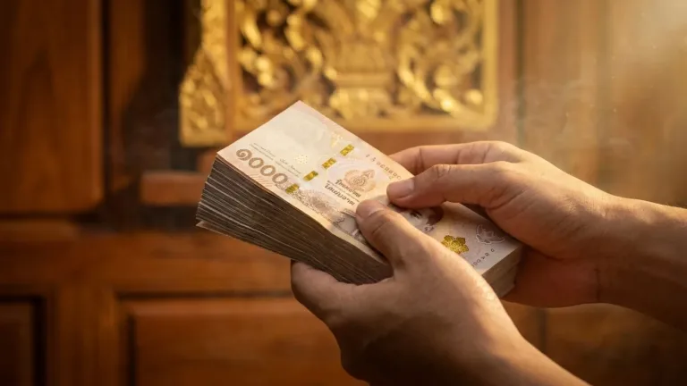 ภาพมือถือธนบัตรใบใหญ่ สื่อถึงความฝันเห็นธนบัตรและการเงิน