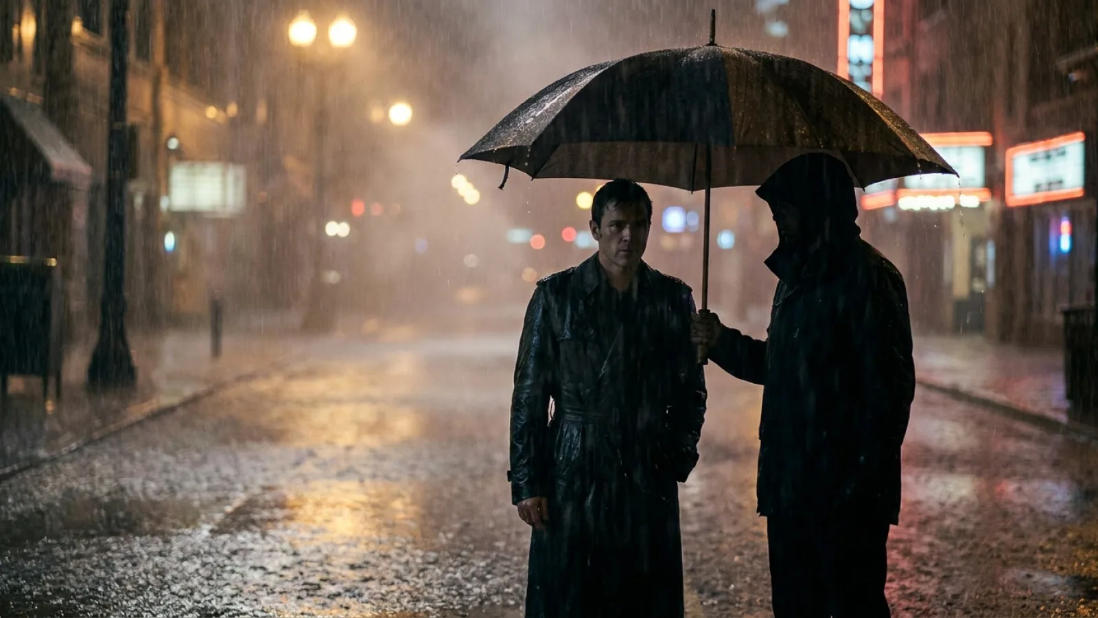 คนยืนอยู่กลางฝนตกหนักโดยมีคนลึกลับกางร่มคันใหญ่ให้ สื่อถึงความฝันเห็นร่มกลางฝน