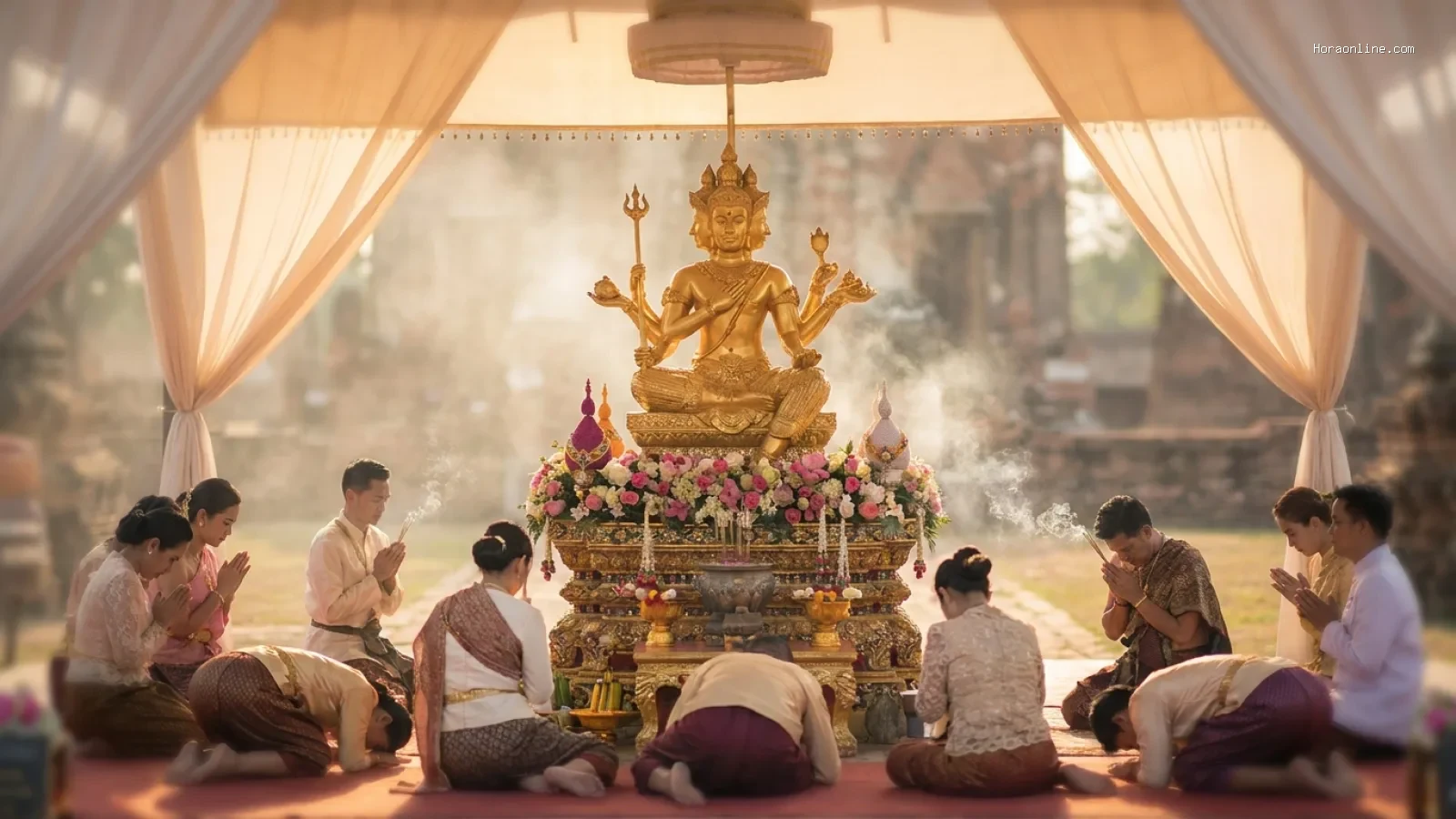 บรรยากาศของ ฝันเห็นพระพรหมสี่หน้า แล้วมีผู้คนรุมกราบไหว้ ลางบอกความเจริญหรือต้องรีบแก้บน กับ ฝันเห็นพระพรหมสี่หน้า