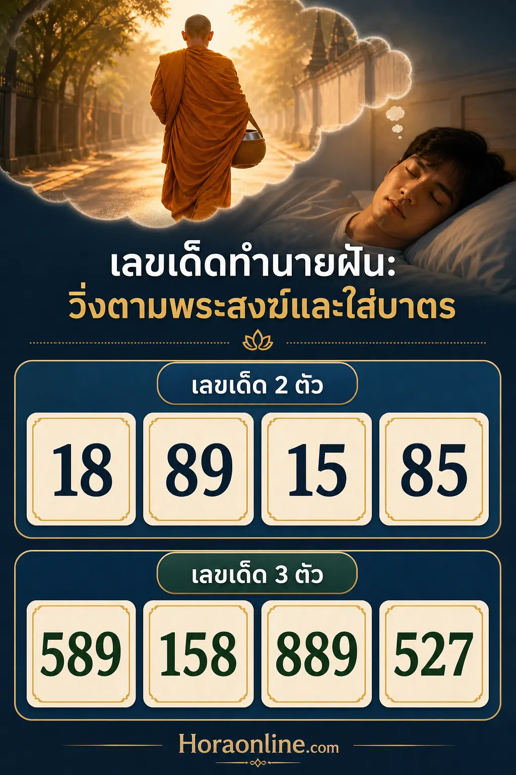 อินโฟกราฟิก ฝันว่าได้ใส่บาตร แสดง เลขเด็ดเสี่ยงโชคจากการฝันว่าวิ่งตามพระและใส่บาตร ใช้ พระสงฆ์ไทย เป็นตัวละครหรือวัตถุหลักอย่