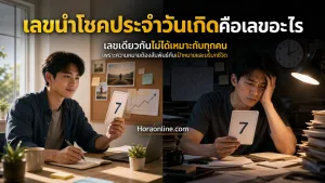 เลขนำโชคประจำวันเกิด แสดง เลข 7 เดียวกันปรากฏซ้ำในทั้งสองฝั่งเพื่อสื่อว่าเป็นเลขเดียวกัน