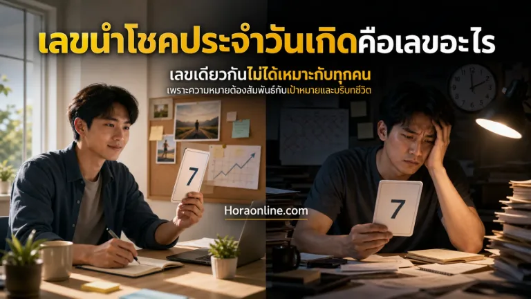 เลขนำโชคประจำวันเกิด แสดง เลข 7 เดียวกันปรากฏซ้ำในทั้งสองฝั่งเพื่อสื่อว่าเป็นเลขเดียวกัน