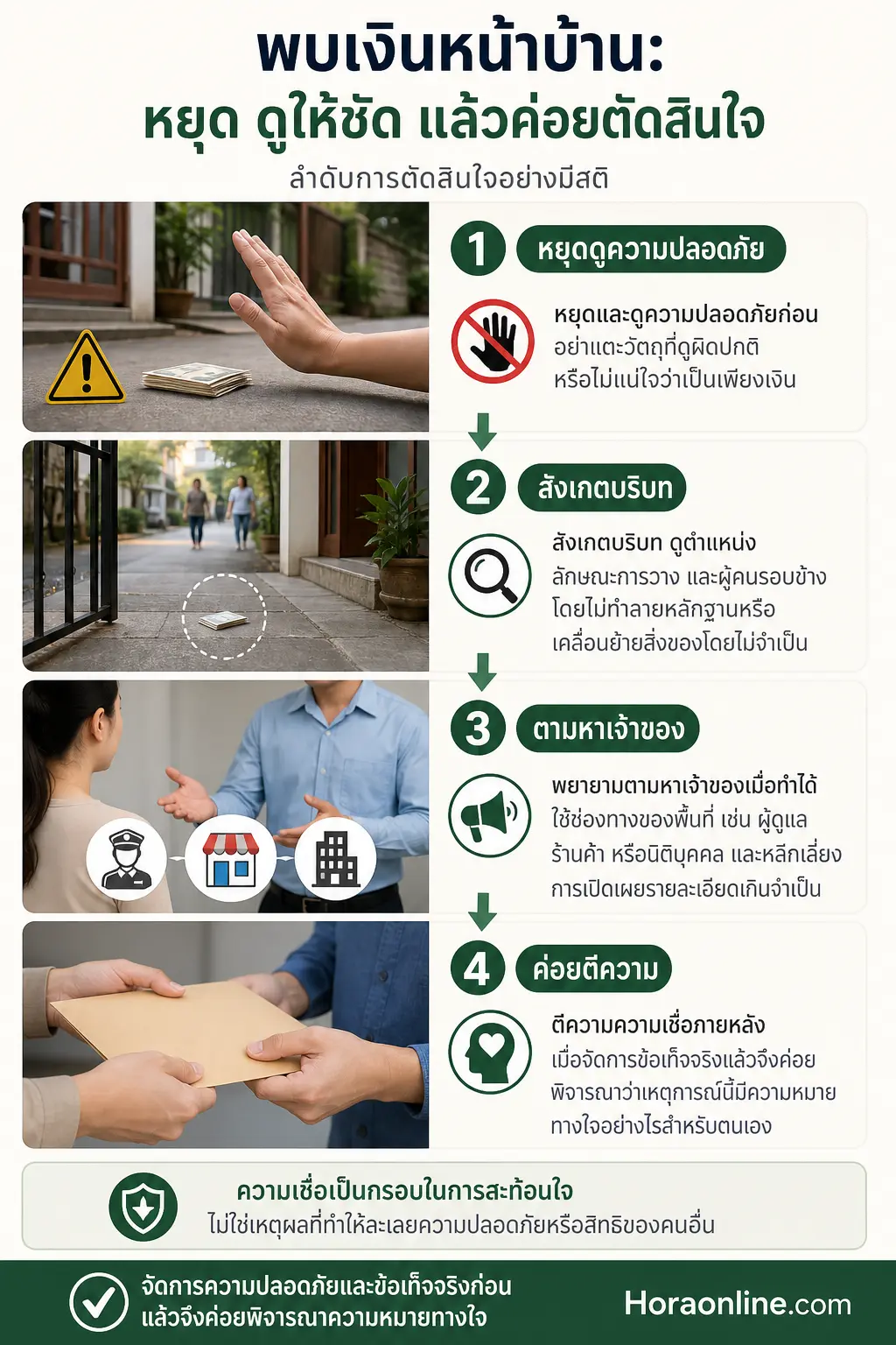 อินโฟกราฟิก เก็บเงินได้หน้าบ้าน แสดง วิธีตัดสินใจอย่างมีสติเมื่อพบเงินหน้าบ้าน