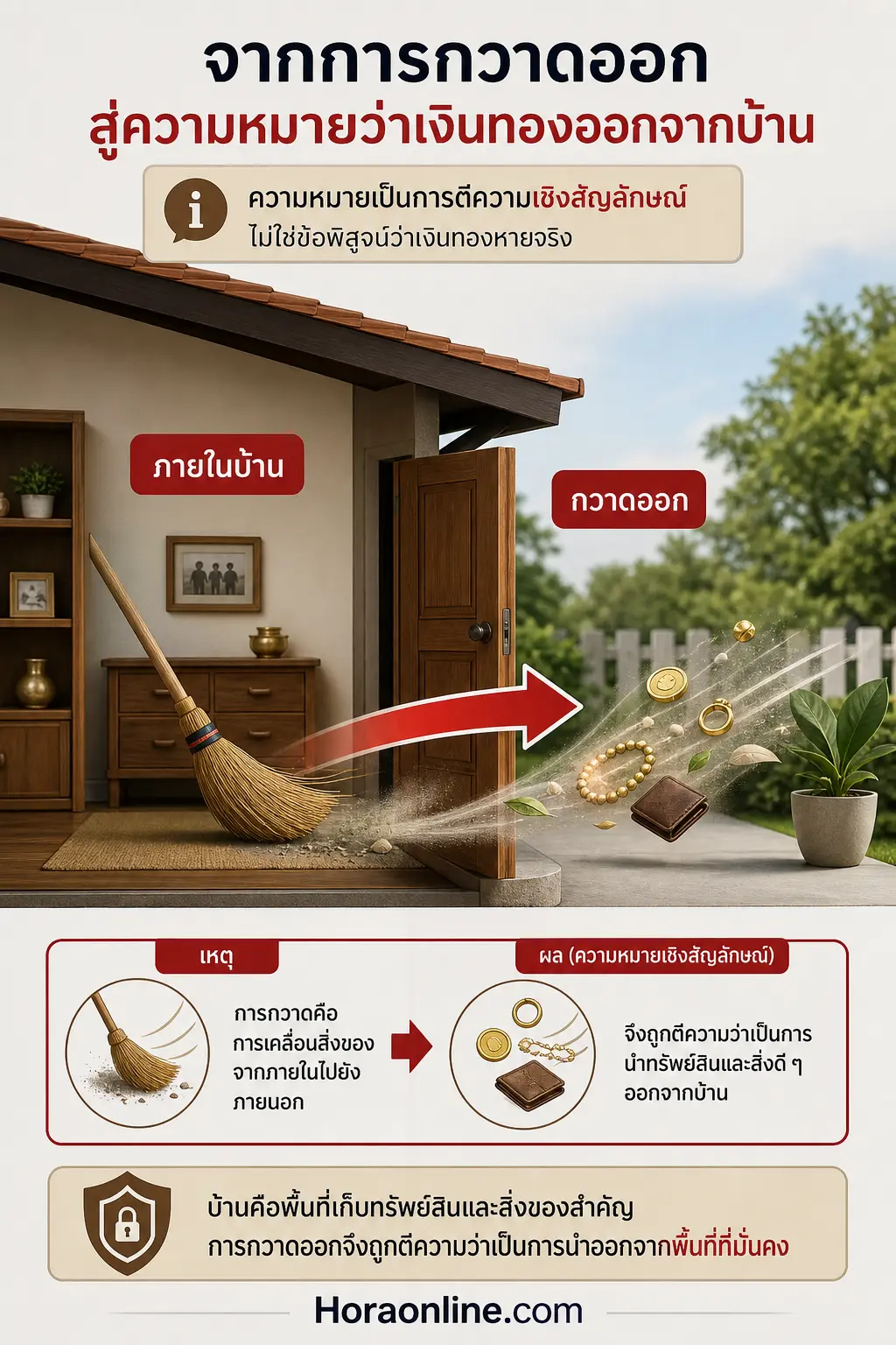 อินโฟกราฟิก โชคลางในบ้าน แสดง เหตุใดการกวาดจึงถูกเชื่อมโยงกับเงินทอง บ้านแบบตัดขวาง แสดงลูกศรจากพื้นที่ภายในผ่านประตูออกไปภาย