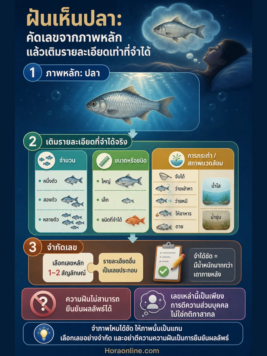 คัดเลขจากฝันเห็นปลาโดยเริ่มจากภาพหลัก เติมรายละเอียดสำคัญ แล้วเลือกเลขอย่างจำกัด